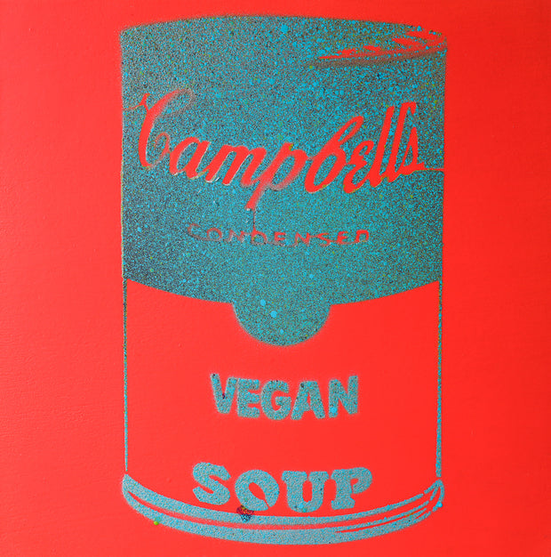 Vegan Soup Coral & Teal Graffiti on Wood and Resin 8x8