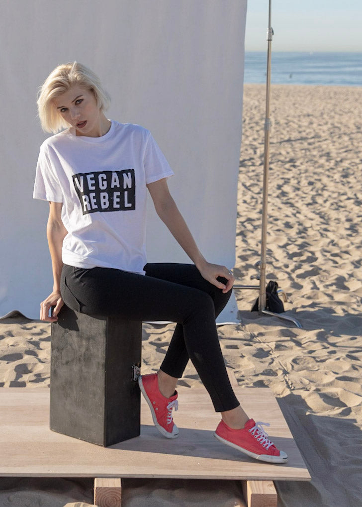Vegan Rebel logo on Organic Made in USA T-shirt