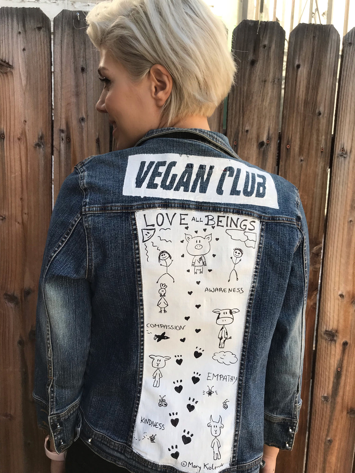 One of a Kind Upcycled Jean Jacket "Love all Beings"
