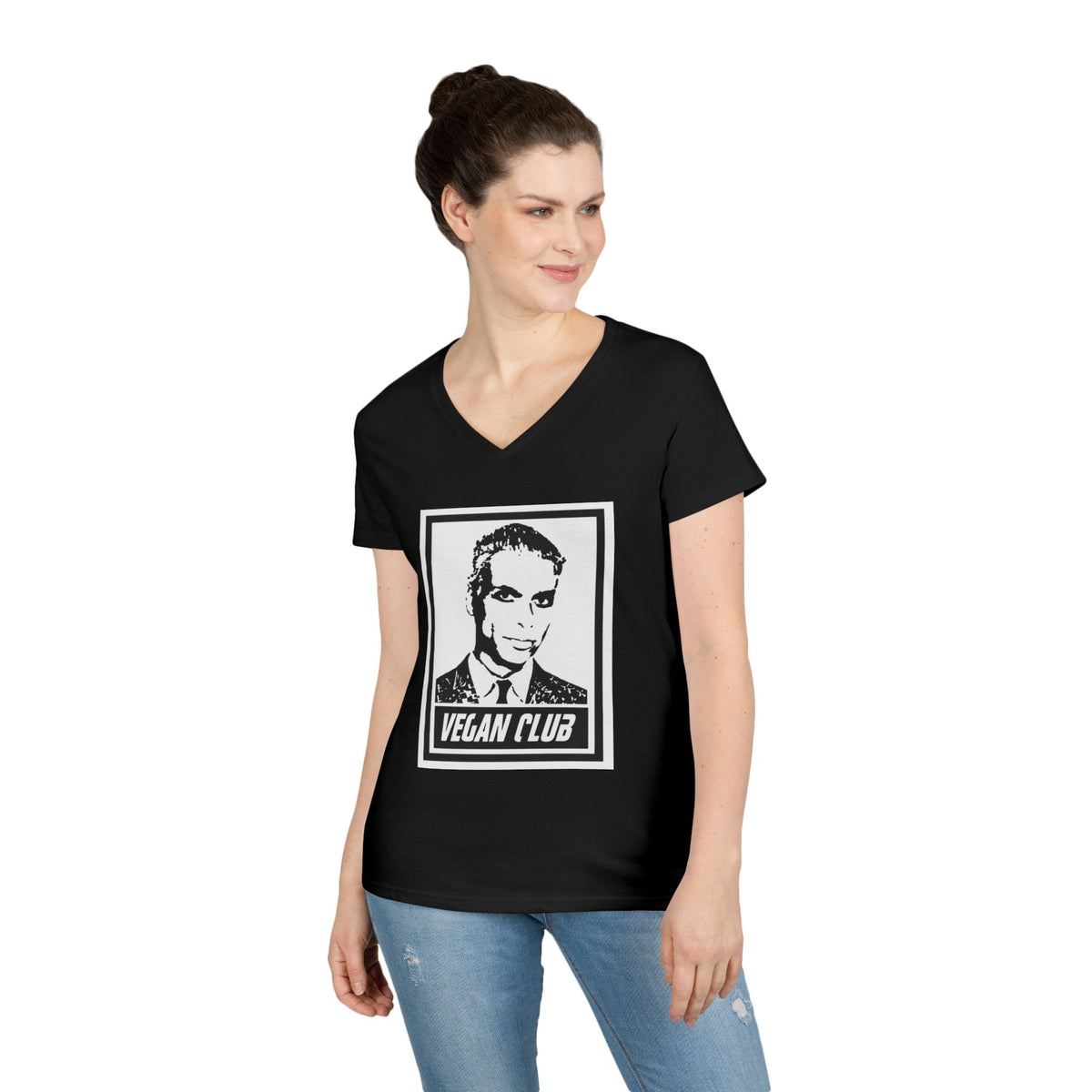 Vegan Club Ladies' V-Neck T-Shirt – Retro Monochrome Vegan Club Tee