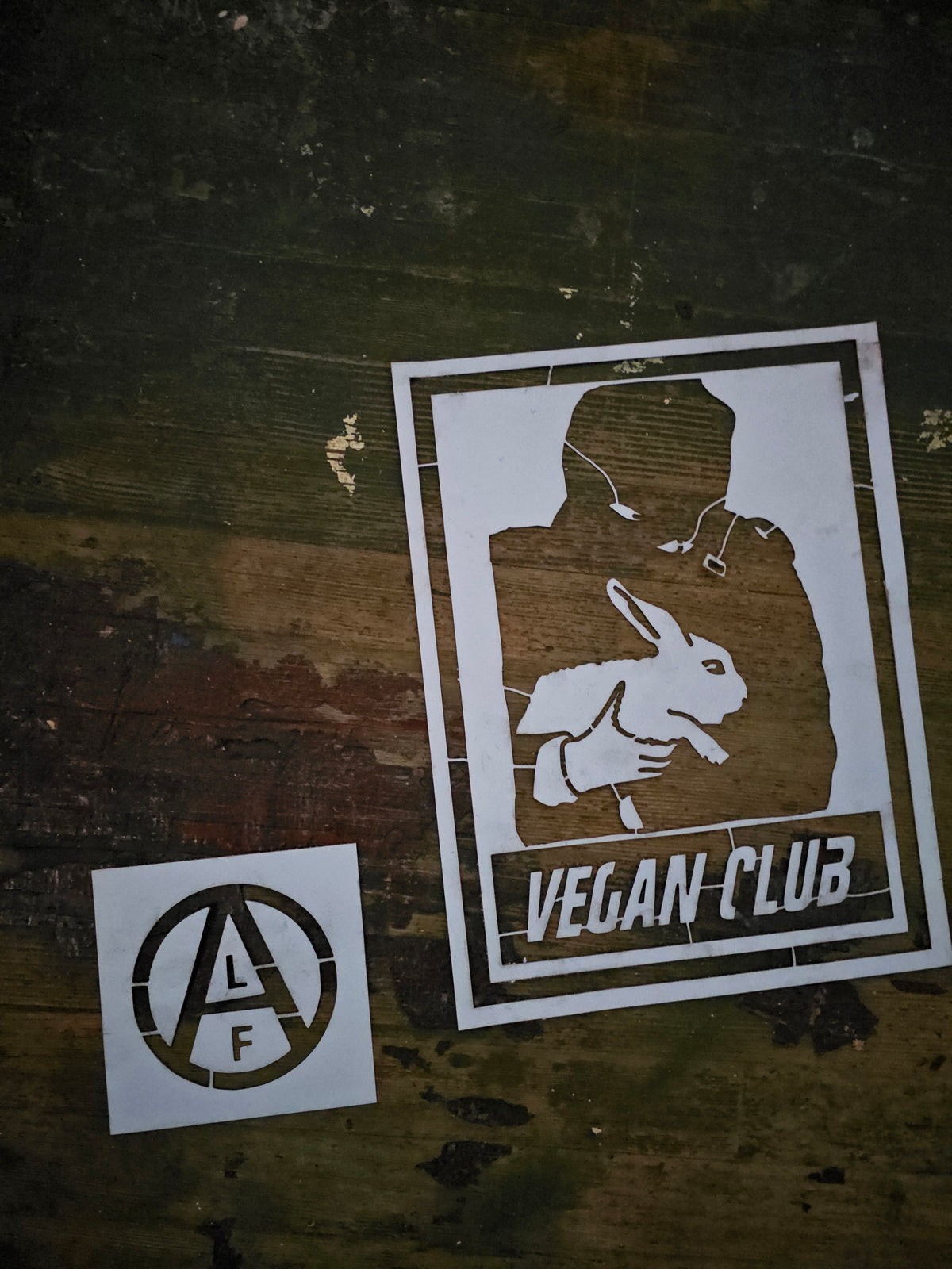 Stencil of ALF Vegan Club rescuing a rabbit