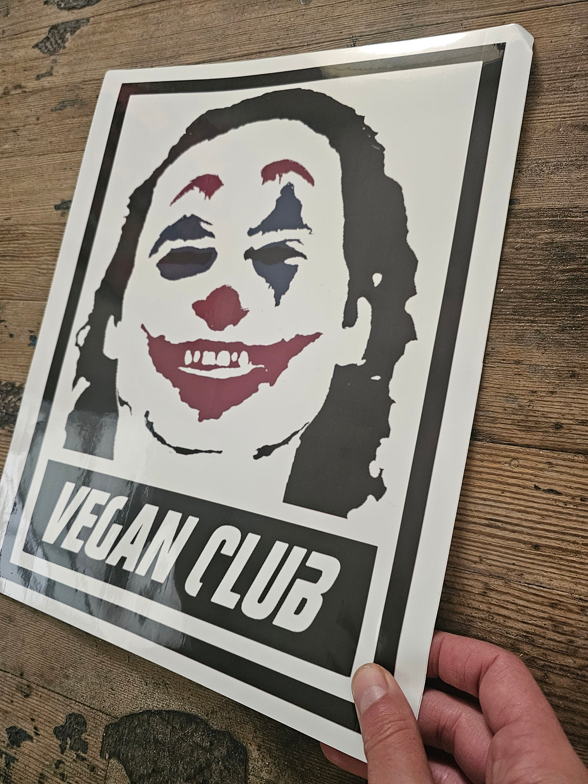 Vegan Club Joker Waterproof Sticker 14x11 - great for Street Art on the Fly!