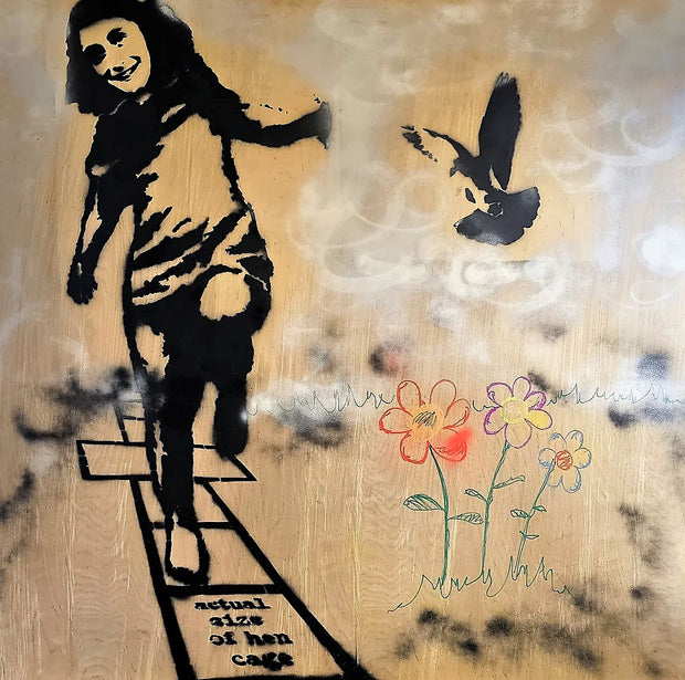 60x60 Original Artwork "Free at Last like a Dove!" Anna Frank jumping hopscotch outdoor with a dove next to her