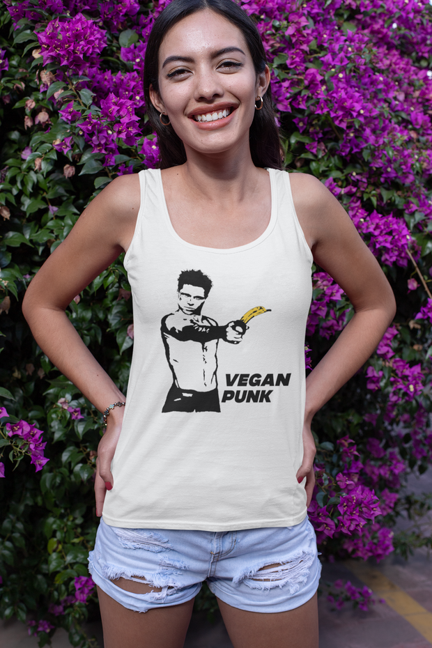 Women's Racerback Tank Vegan Punk Featuring Brad Pitt holding a banana as a gun