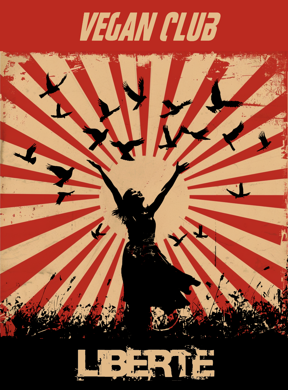 Newsprint Propaganda Poster Vegan Club of Girl Freeing Birds. Liberte!