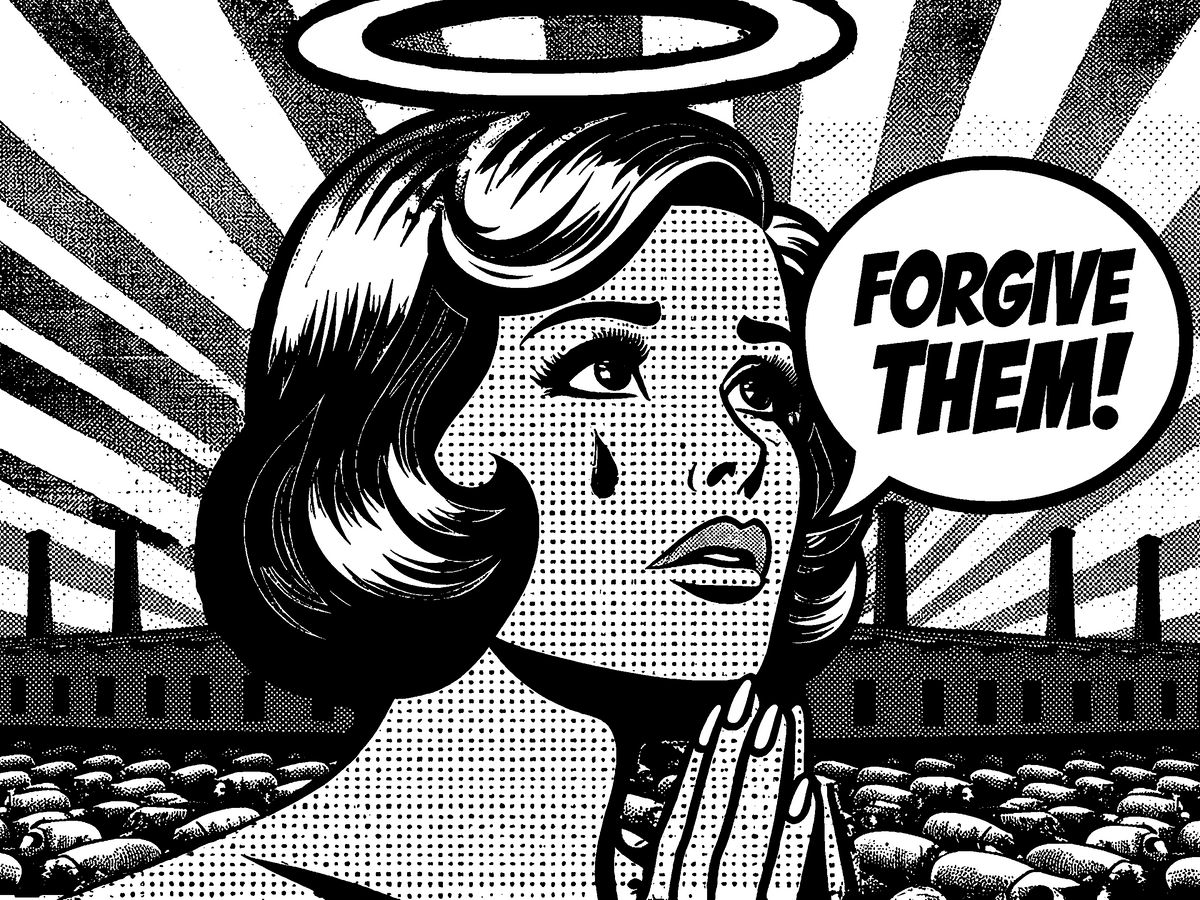 Pop Art Girl crying & praying "Forgive Them!" with slaughterhouses in the background Signed Ltd. Print