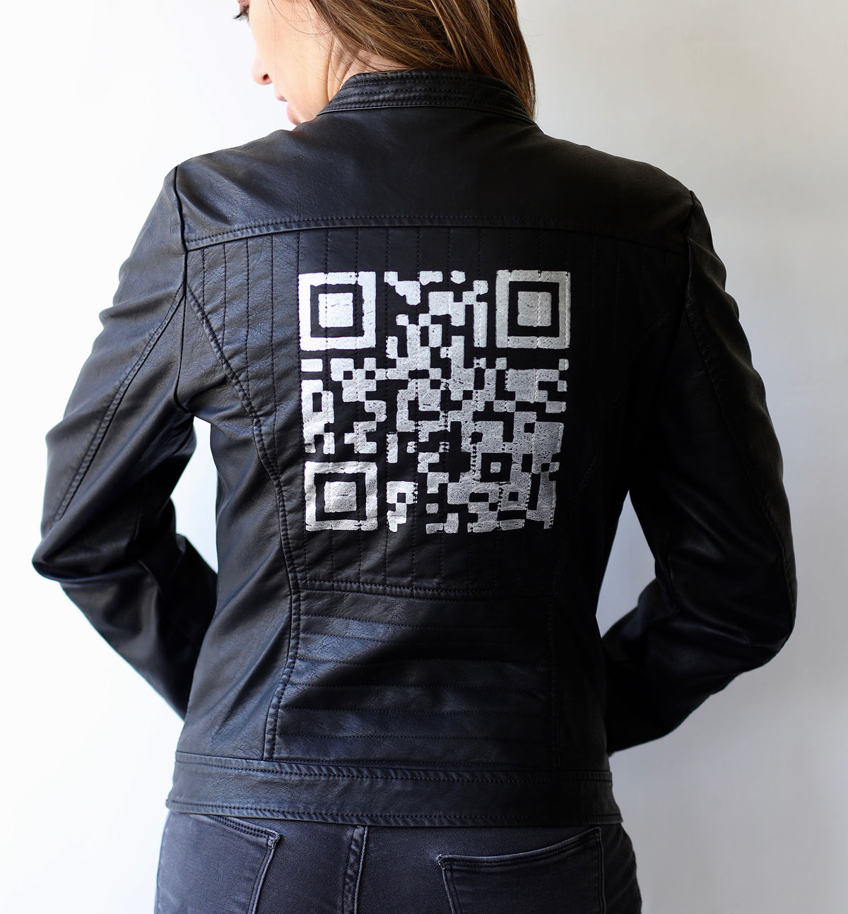 SOLD OUT - QR Code (Actual Size of Hen Cage) Faux Leather Jacket