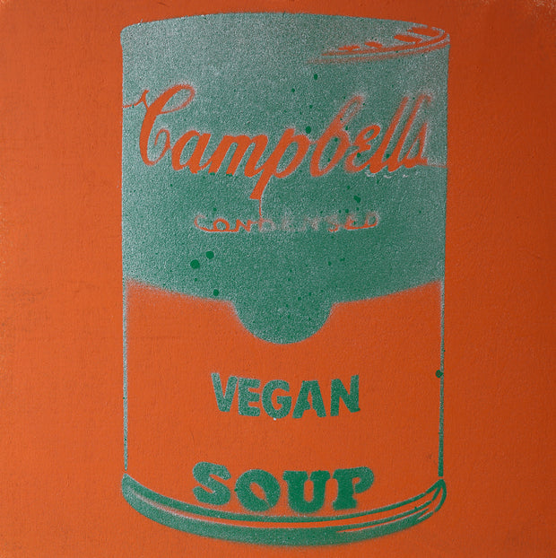 Vegan Soup Burnt Orange & Green Graffiti on Wood and Resin 8x8