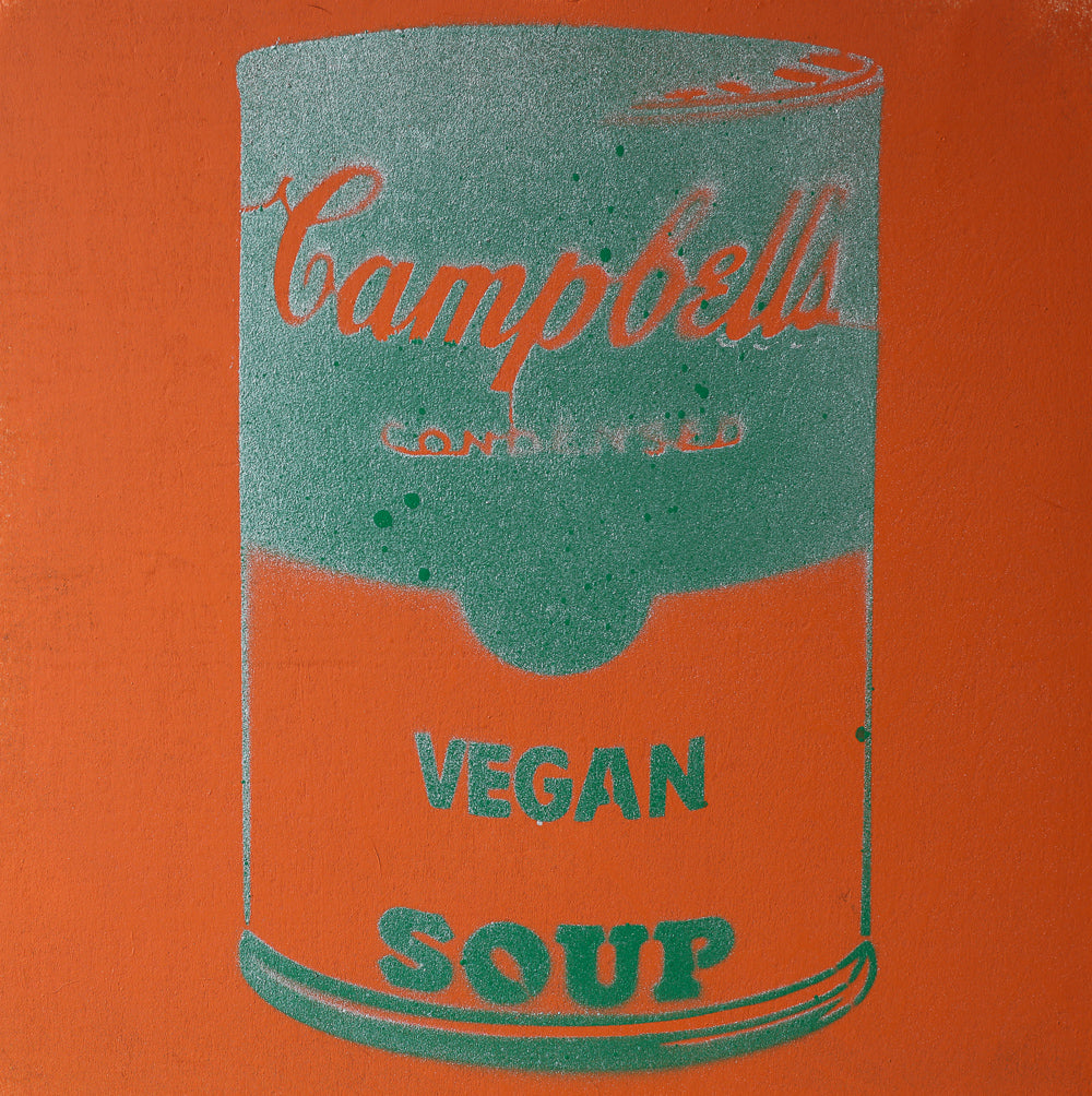 Vegan Soup Burnt Orange & Green Graffiti on Wood and Resin 8x8