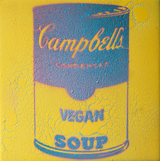 Vegan Soup Yellow & Gradient Blue Graffiti on Wood and Resin 8x8