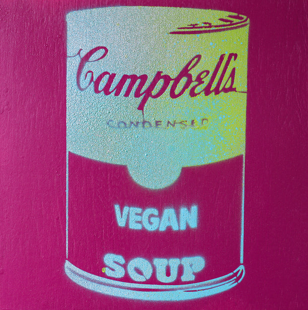 Vegan Soup Fuschia, Yellow & Silver Graffiti on Wood and Resin 8x8