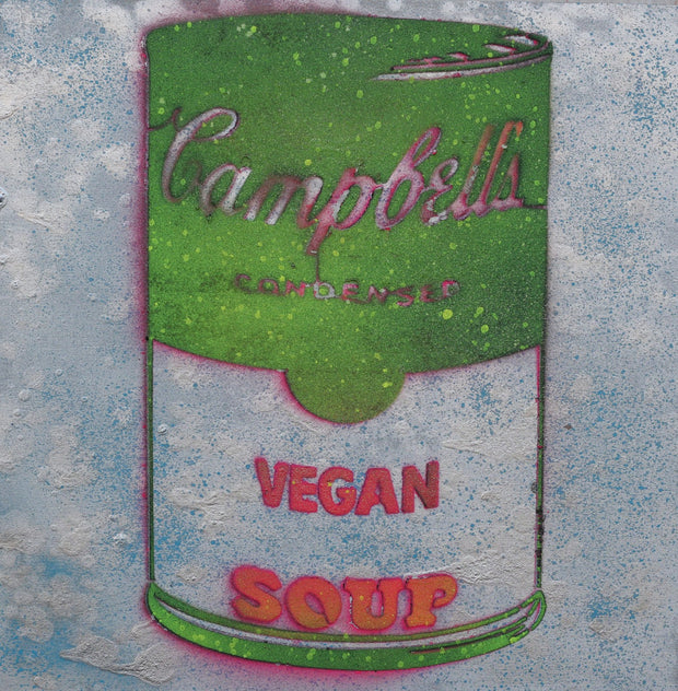 SOLD - Vegan Soup Green, Blue & Pink Graffiti on Wood and Resin 12x12