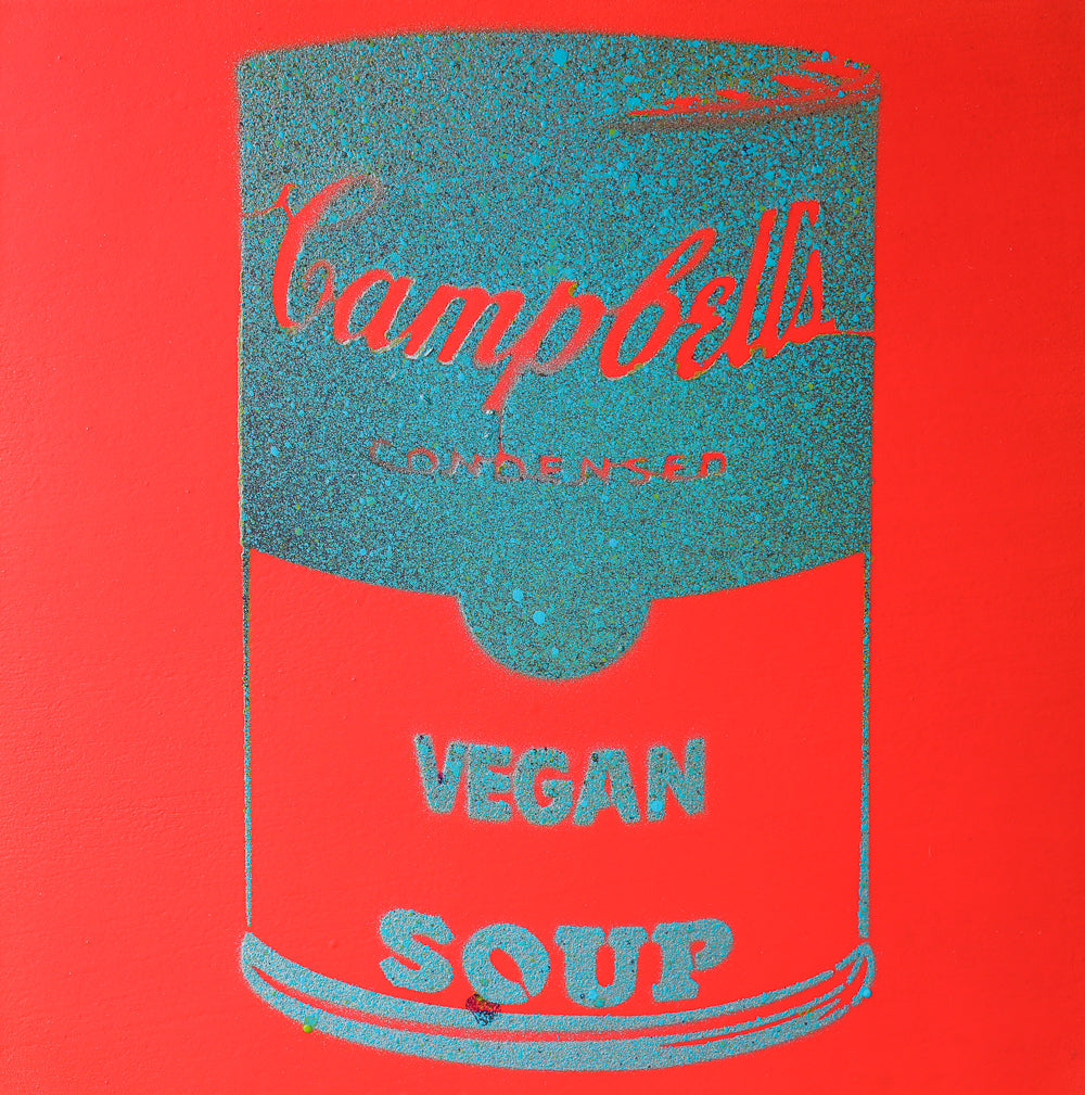 Vegan Soup Coral & Teal Graffiti on Wood and Resin 8x8