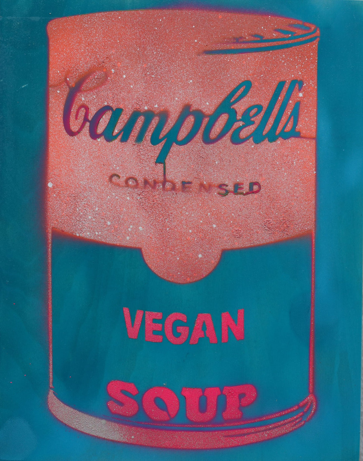 SOLD - Vegan Soup Blue & Light Red on Wood and Resin 14x11