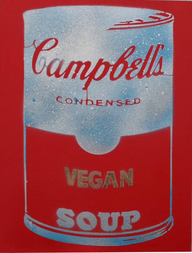 Vegan Soup Red & Cloud Blue on Wood and Resin 16x12