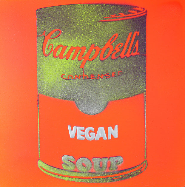 Vegan Soup Orange, Yellow & Silver Graffiti on Wood and Resin 8x8