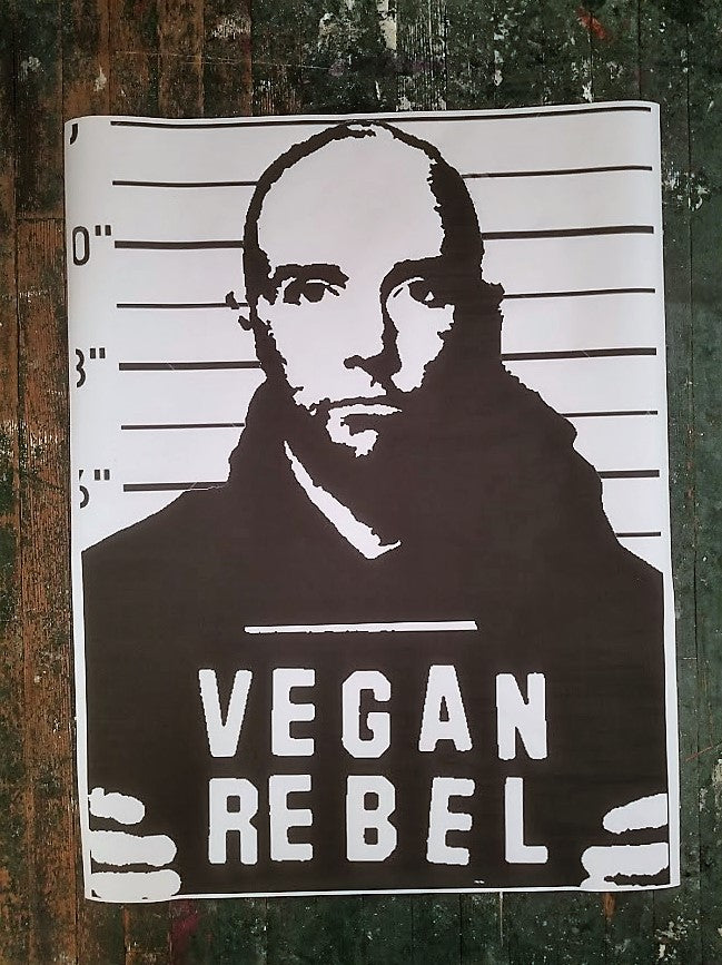 Limited Edition Street Art NewsPrint Poster Vegan Rebel mug shot featuring Moby