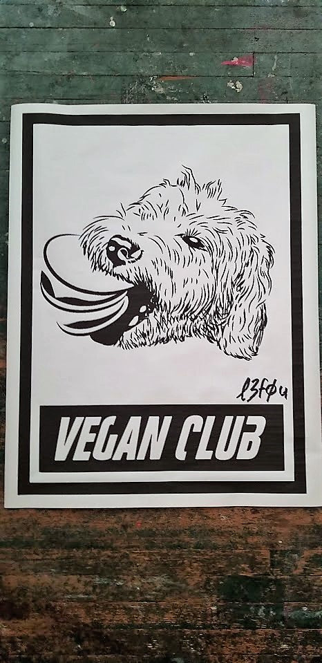 Limited Edition Street Art NewsPrint Poster Vegan Club feat Monty's Good Burger, the Best Dog in Town feat. Monty the dog!