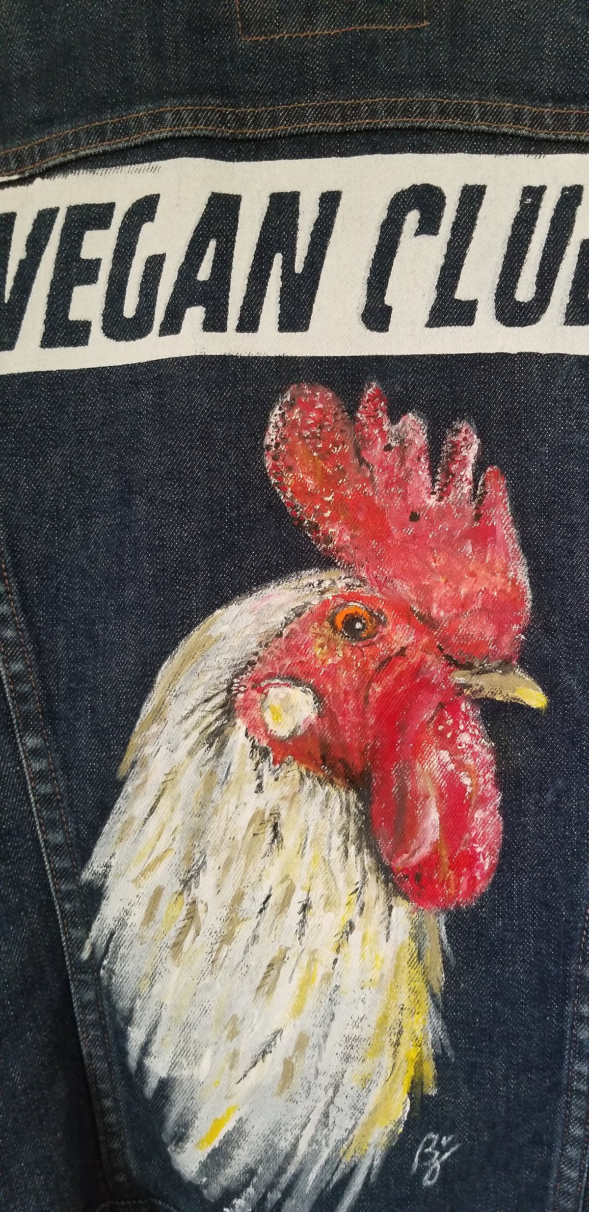SOLD - Upcycled Jean Jacket Vest Vegan Club featuring a chicken hand-painted by artist Brandi Jae