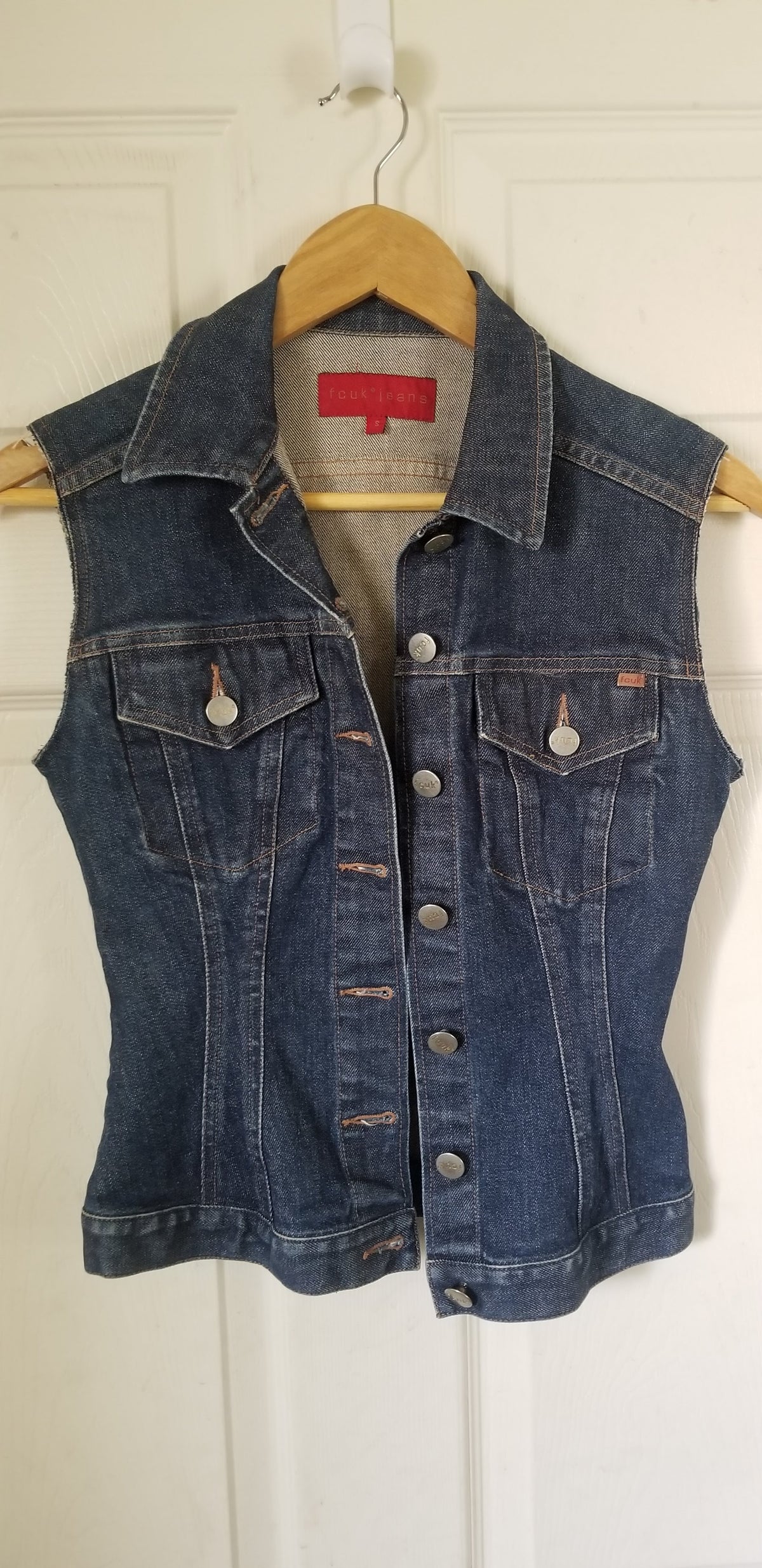 SOLD - Upcycled Jean Jacket Vest Vegan Club featuring a chicken hand-painted by artist Brandi Jae