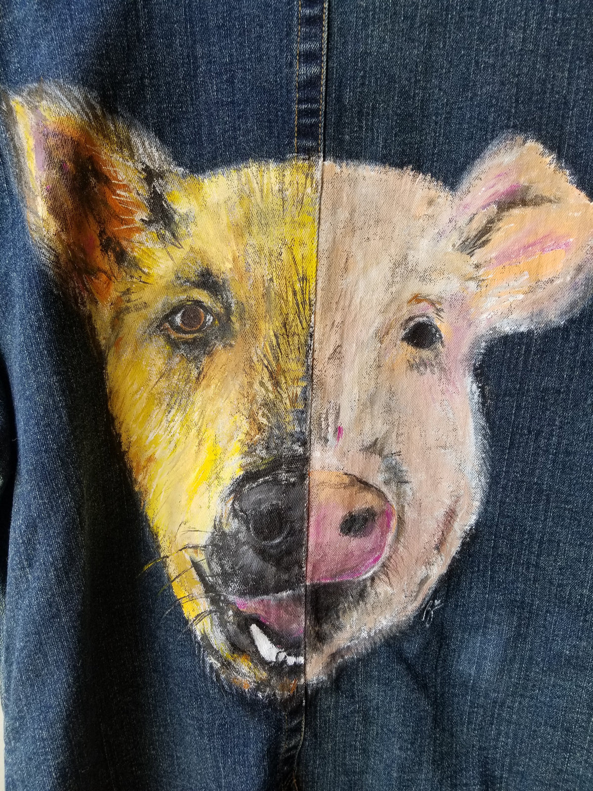 SOLD - Upcycled Jean Jacket Vest Vegan Club featuring a half pig / half dog, hand-painted by artist Brandi Jae