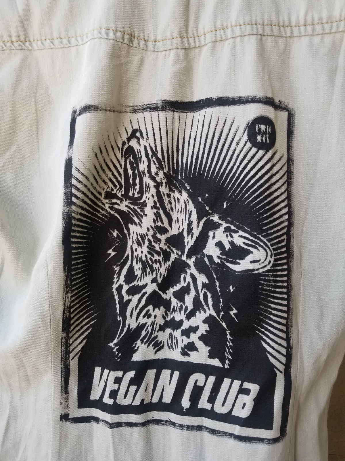 SOLD - One of a Kind Upcycled Vegan Club shirt with crying wolf, art by Praxis