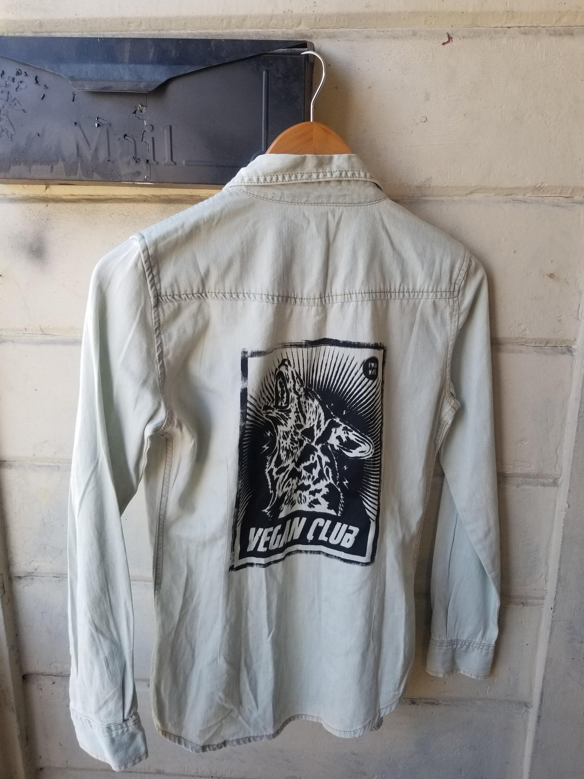 SOLD - One of a Kind Upcycled Vegan Club shirt with crying wolf, art by Praxis