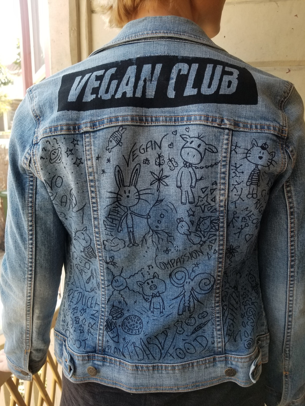 SOLD - Upcycled Jean Jacket Vegan Club featuring cute animal doodles by Mary Kolende