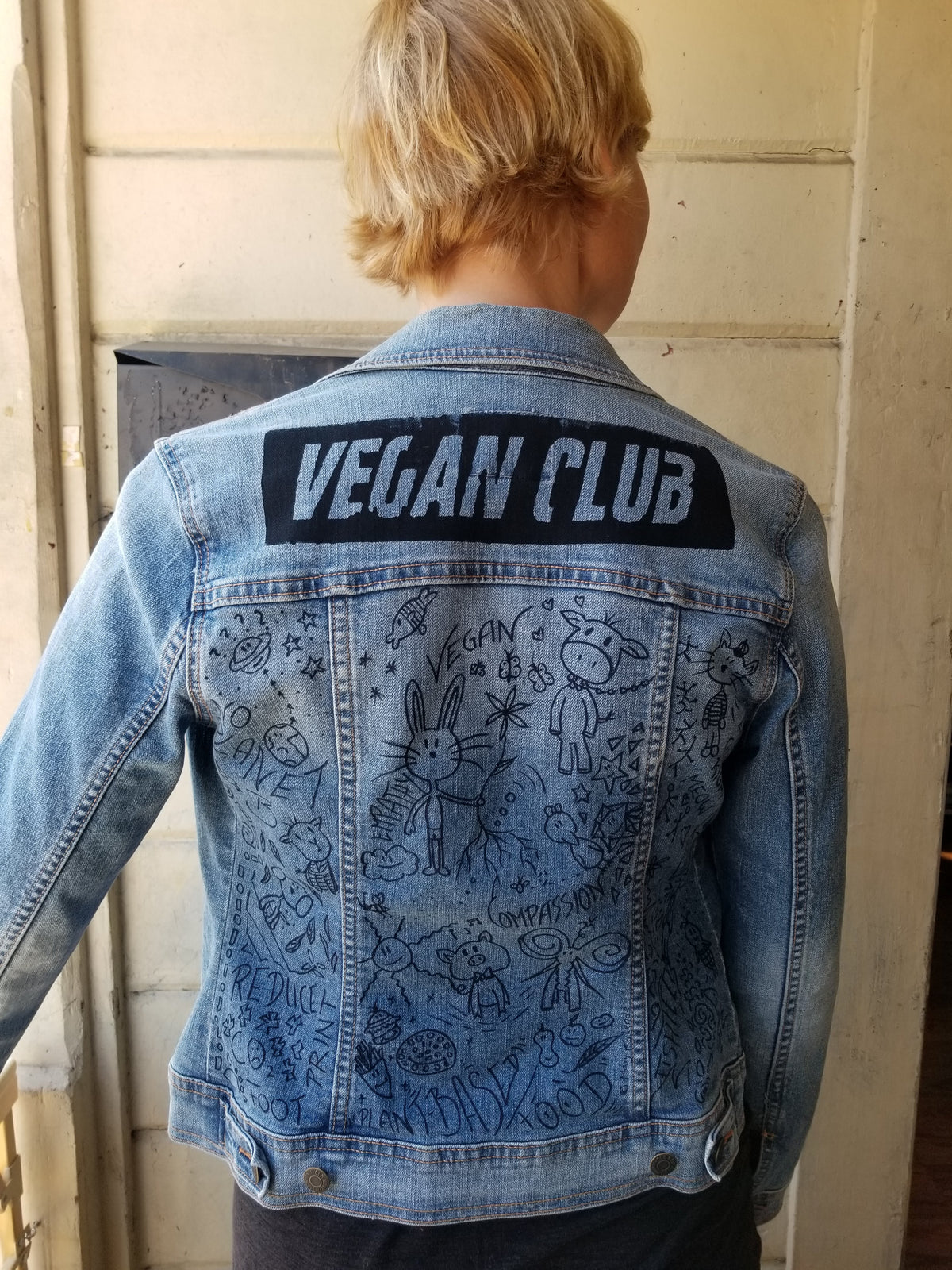 SOLD - Upcycled Jean Jacket Vegan Club featuring cute animal doodles by Mary Kolende