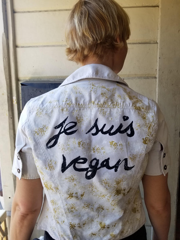 One of a Kind Upcycled Jean Jacket "Je suis Vegan" made by Svetlana by Le Fou