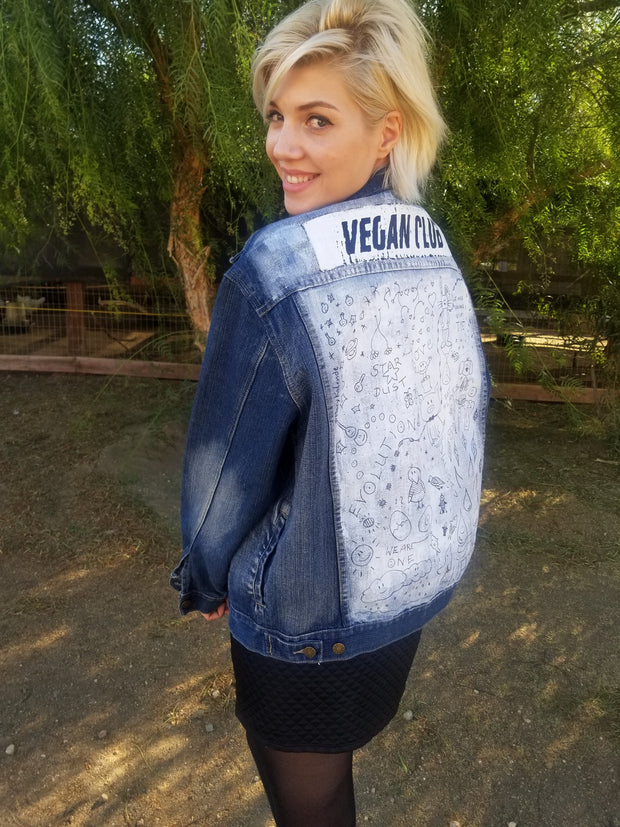 SOLD - Upcycled Jean Jacket Vegan Club featuring cute animal doodles by Mary Kolende