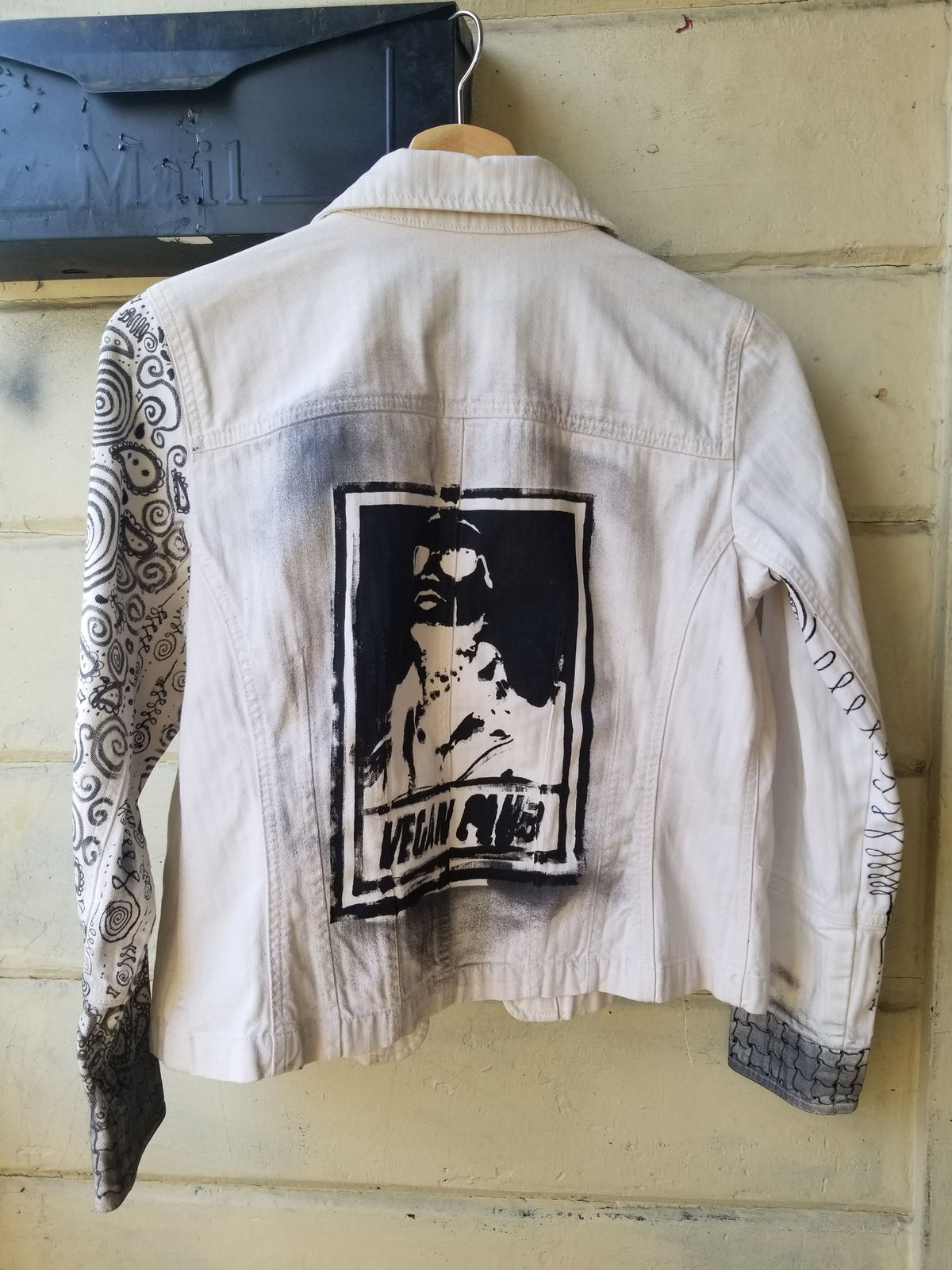 One of a Kind Upcycled Jean Jacket Vegan Club featuring Prayers