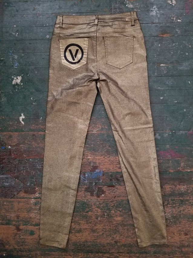 SOLD - One of a Kind Upcycled & New Pair of Golden Pants with Circle V logo in back pocket