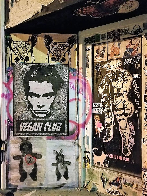 Street Art NewsPrint Poster Vegan Club featuring River Phoenix by Le Fou Collab with @humanetrafficking