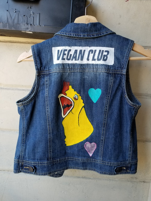 One of a Kind Upcycled Jean Jacket Vegan Club chick collab with @veganartistmelanie
