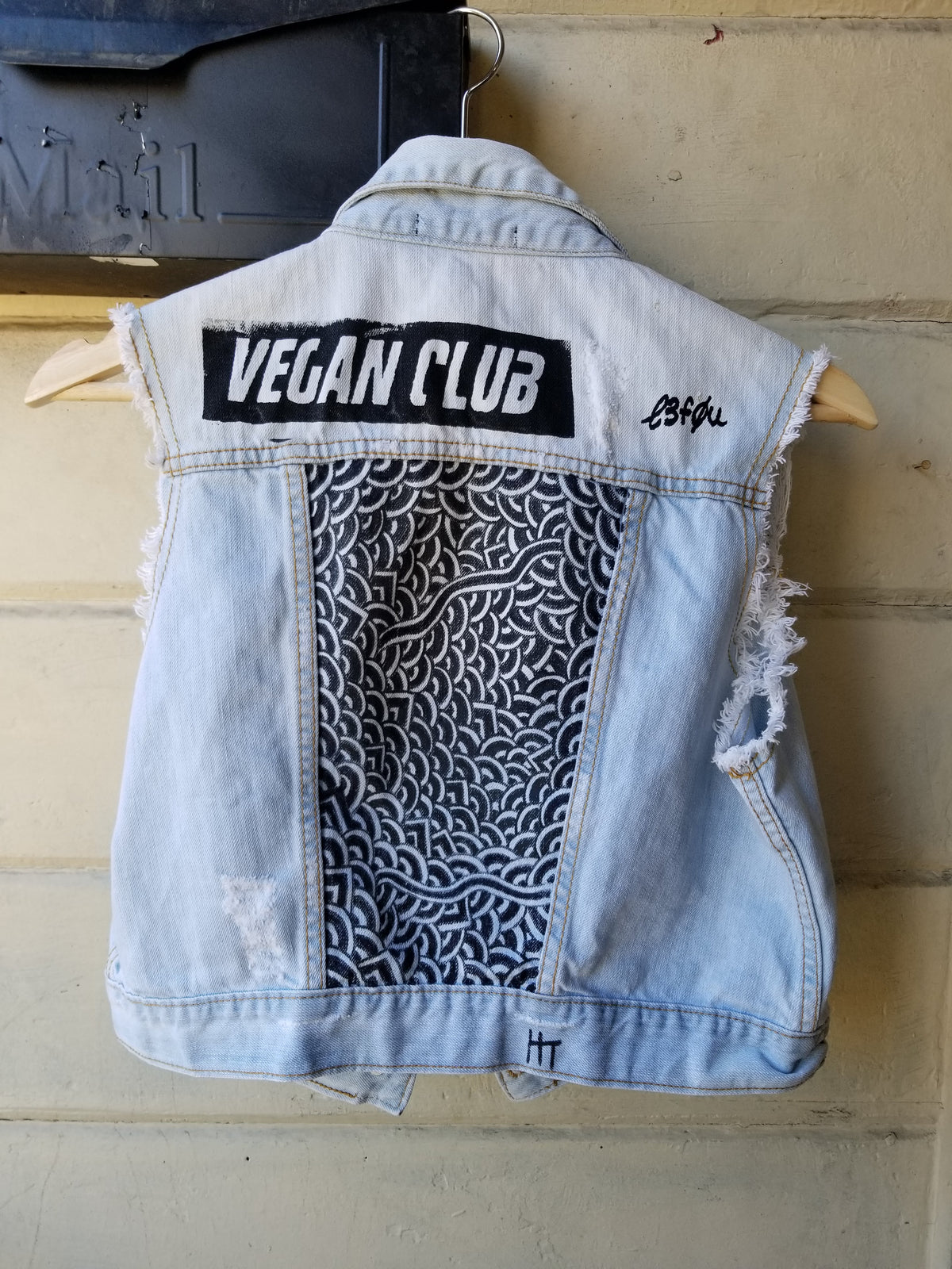 SOLD - Upcycled Jean Jacket Vegan Club collab with @humanetrafficking