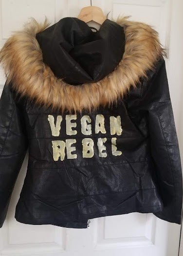 SOLD - Haute Couture One of a Kind Up-cycled New Faux Leather Jacket with Vegan Rebel logo
