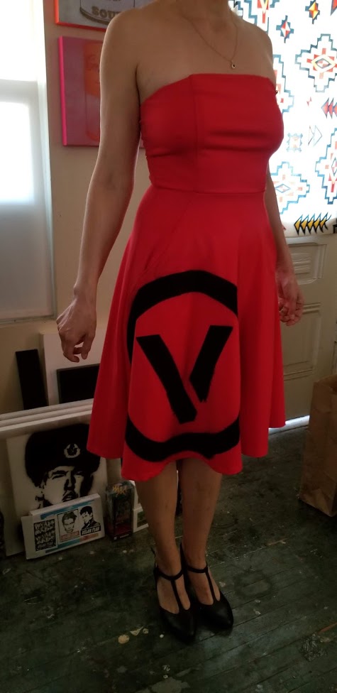 SOLD - Haute Couture One of a Kind Upcycled & New Dress by Vegan Club sprayed with the Circle V logo