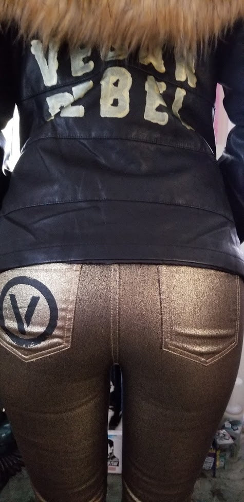 SOLD - One of a Kind Upcycled & New Pair of Golden Pants with Circle V logo in back pocket