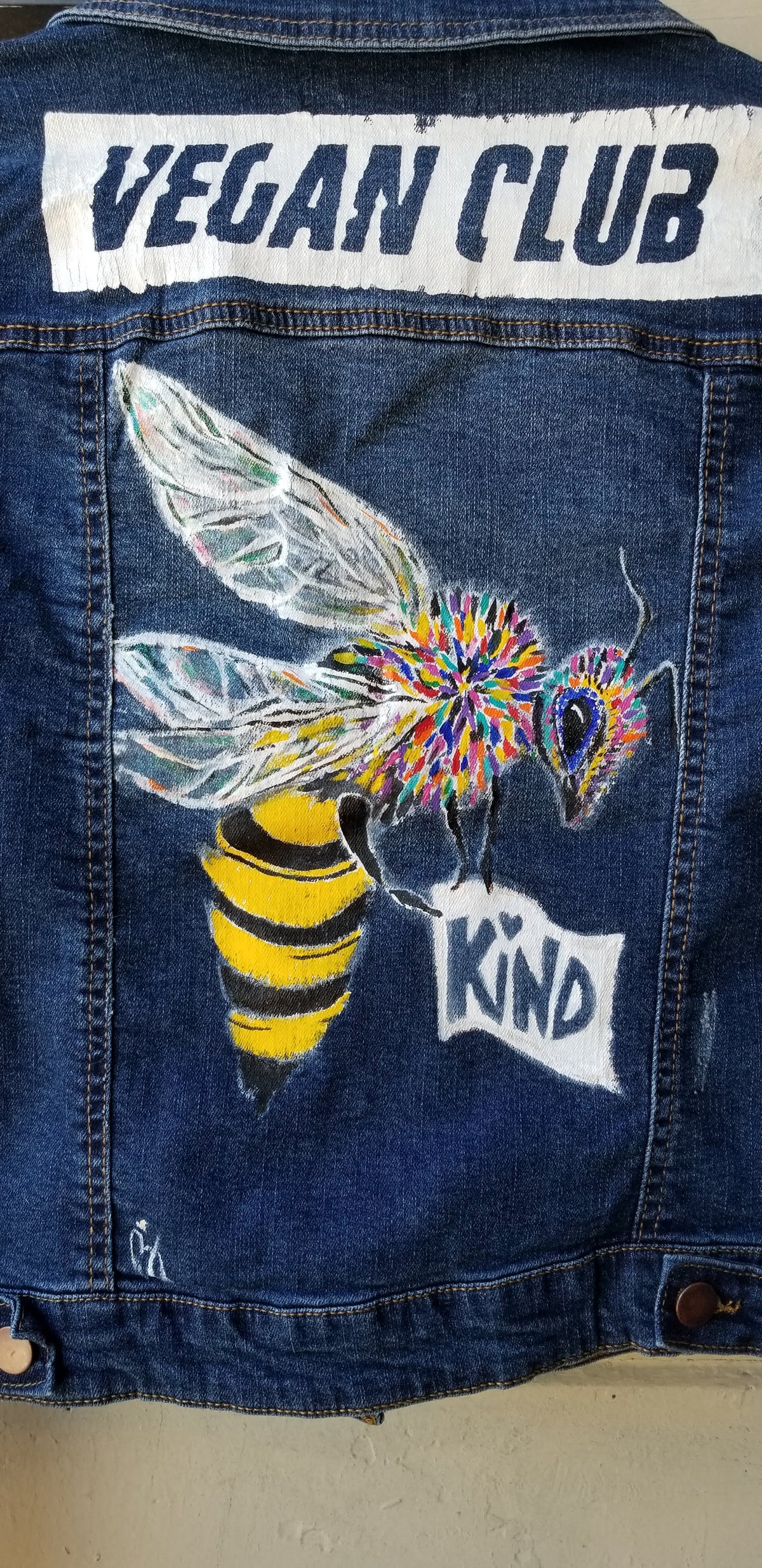 SOLD - Upcycled Jean Jacket Vest Vegan Club featuring a bee by artist Brandi Jae