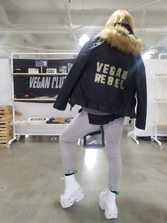 Haute Couture One of a Kind Up-cycled New Faux Leather Jacket with Vegan Rebel logo