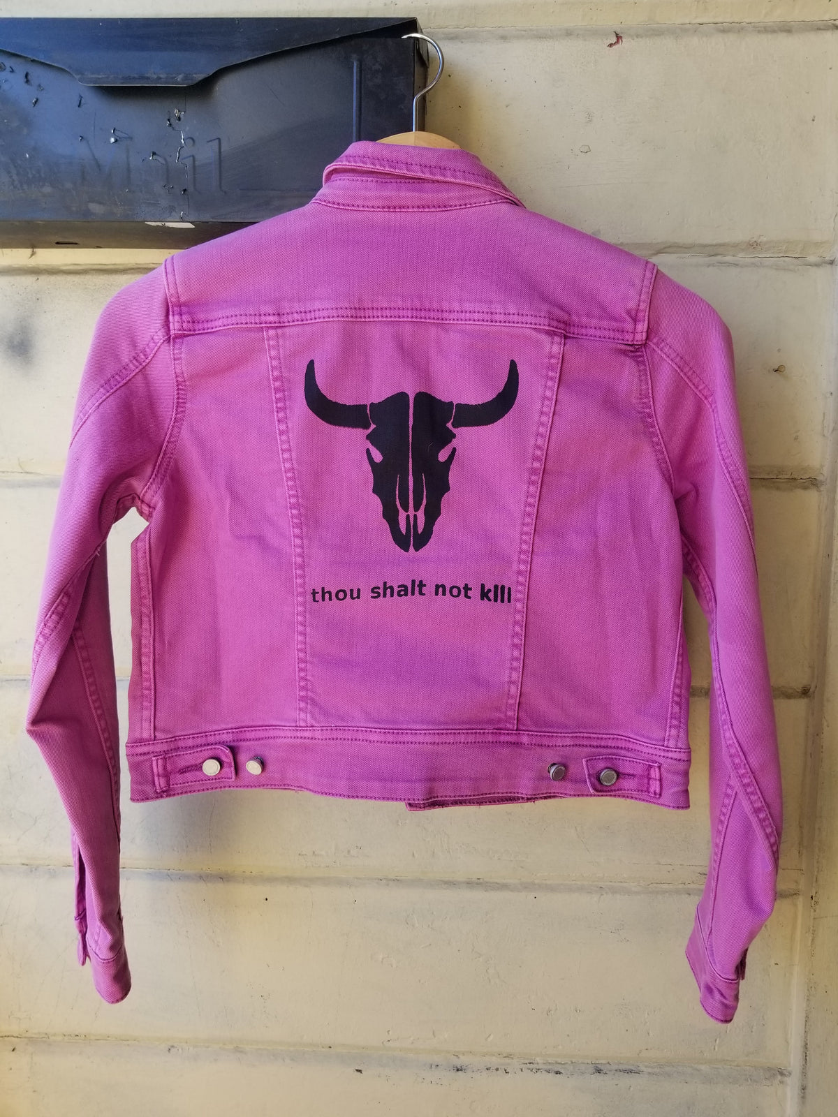 SOLD - One of a Kind Upcycled Purple Jean Jacket Vegan Club featuring a Cow "Thou Shalt Not Kill"
