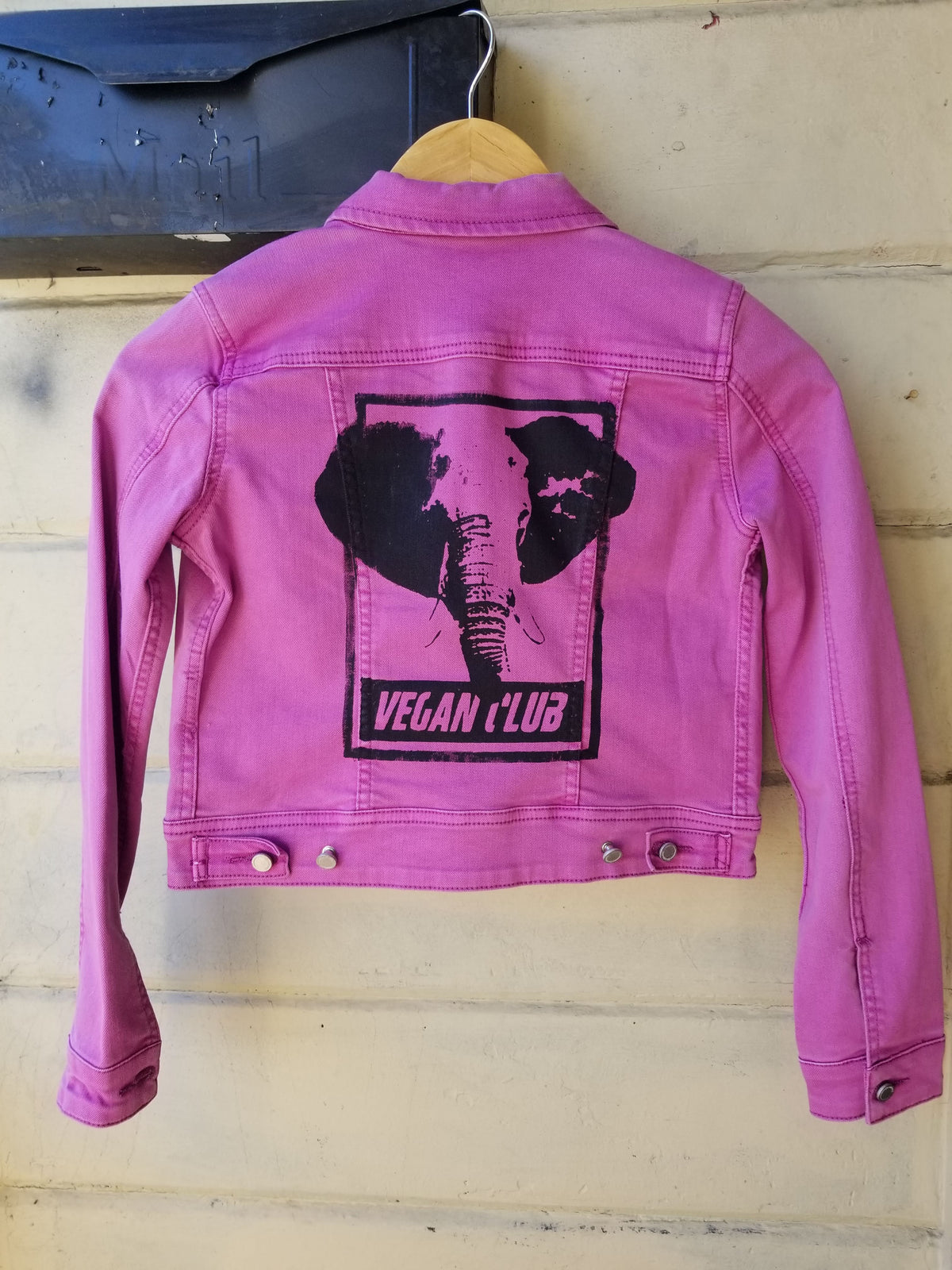 SOLD - One of a Kind Upcycled Purple Jean Jacket Vegan Club featuring an Elephant
