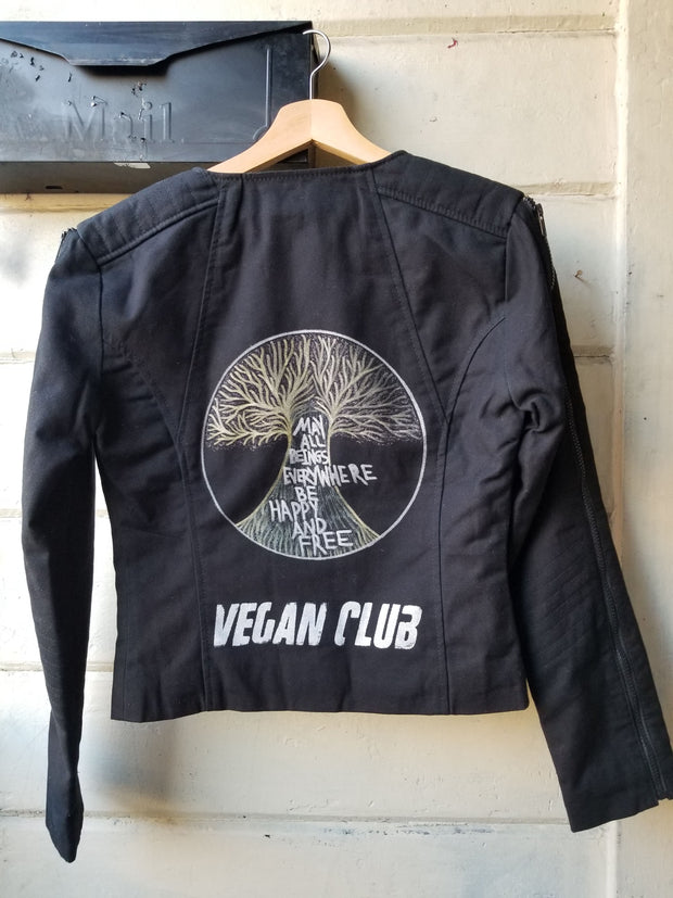 One of a Kind Upcycled Black Canvas Jacket with Zippers Vegan Club - SOLD