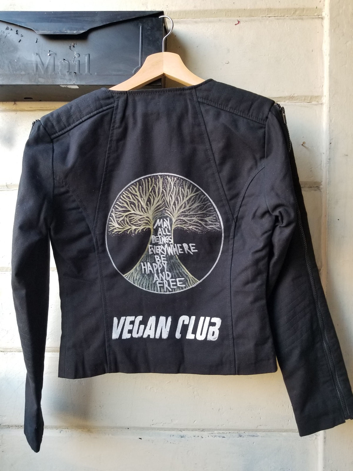 One of a Kind Upcycled Black Canvas Jacket with Zippers Vegan Club