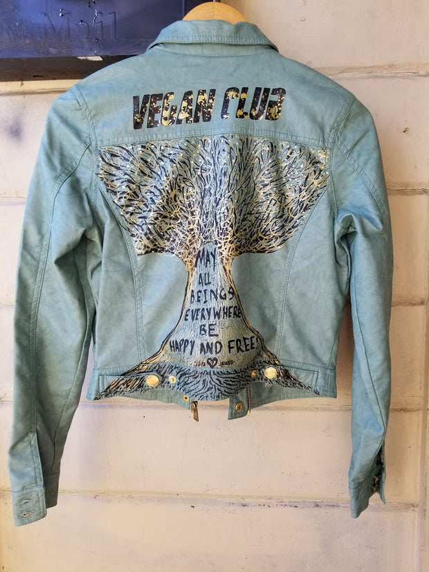 One of a Kind Upcycled Green Faux Leather Jacket Vegan Club collab with Svetlana Penrose Hand Painted Tree of Life - SOLD