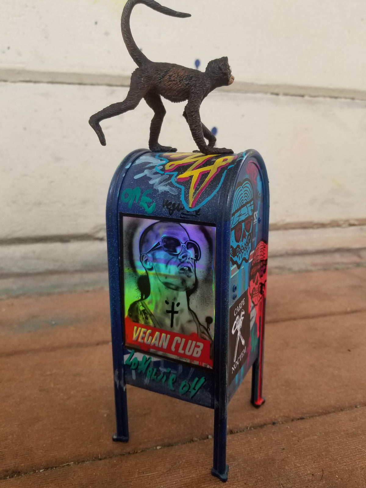 USPS Mailbox Collectible with monkey on top tagged by Vegan Club, art by @_actions_not_words