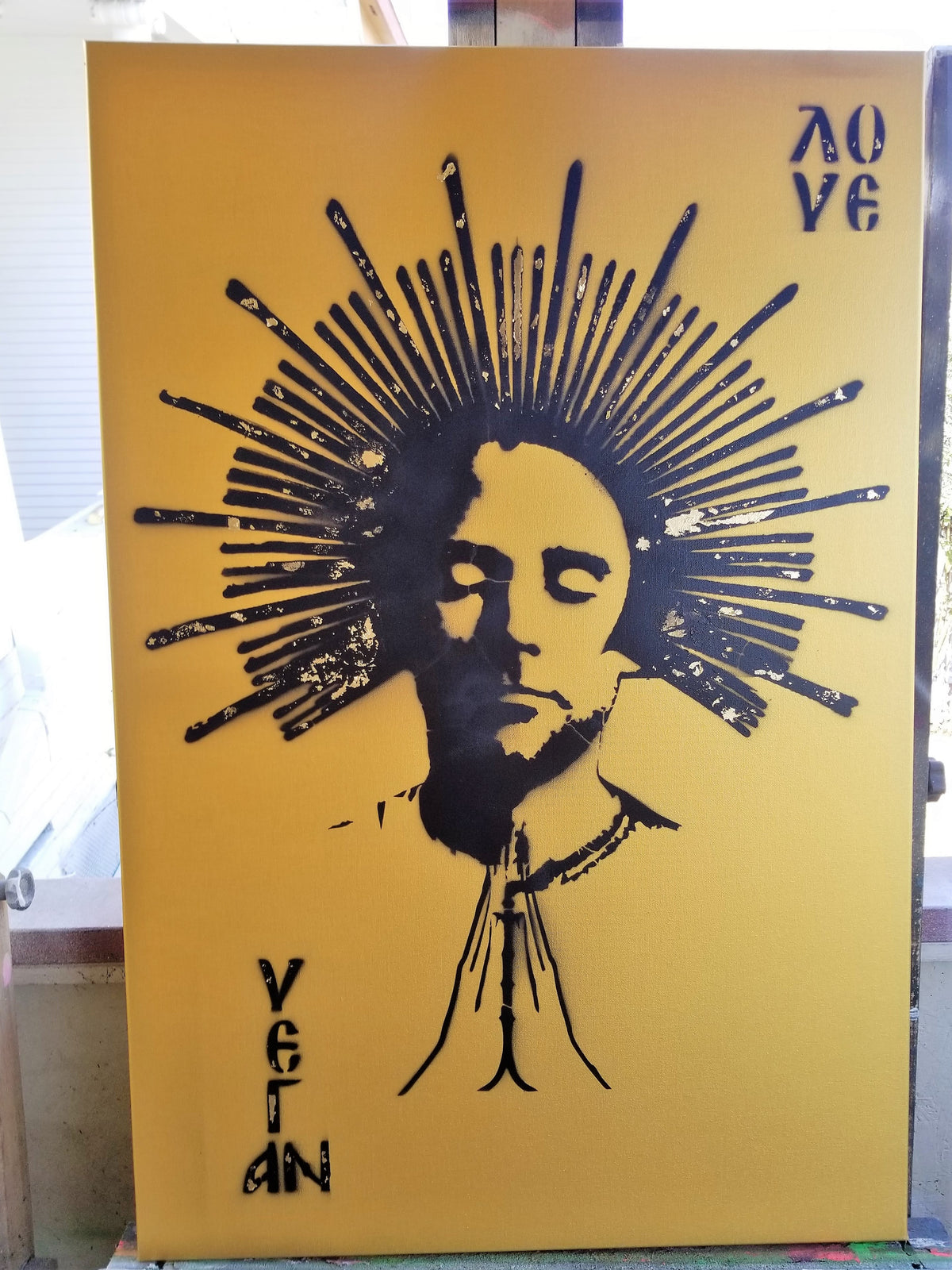24x36 Original Artwork Vegan Love feat Moby on Metallic Canvas with Golden Halo