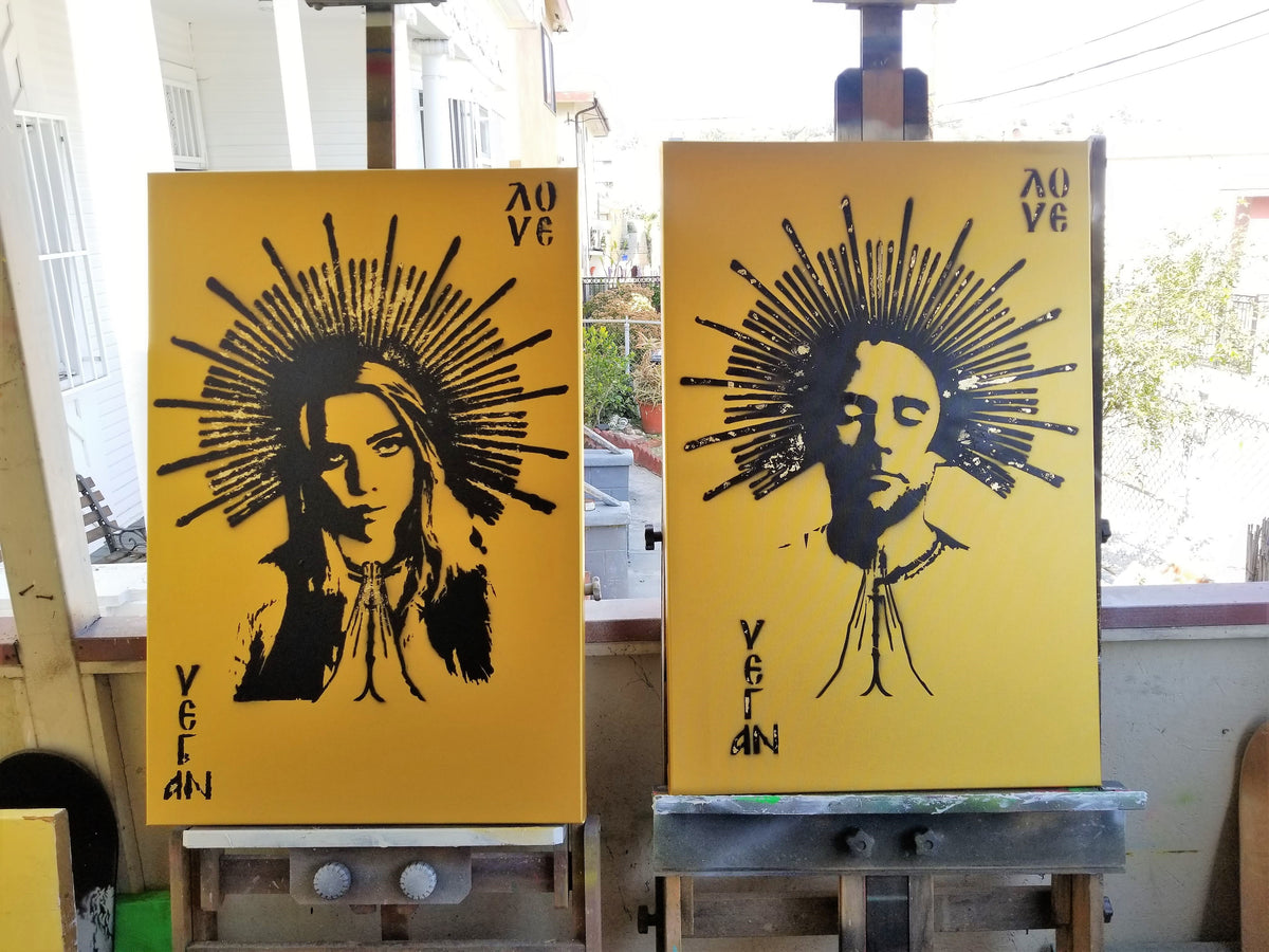 24x36 Original Artwork Vegan Love feat Billie Eilish on Metallic Canvas with Golden Halo