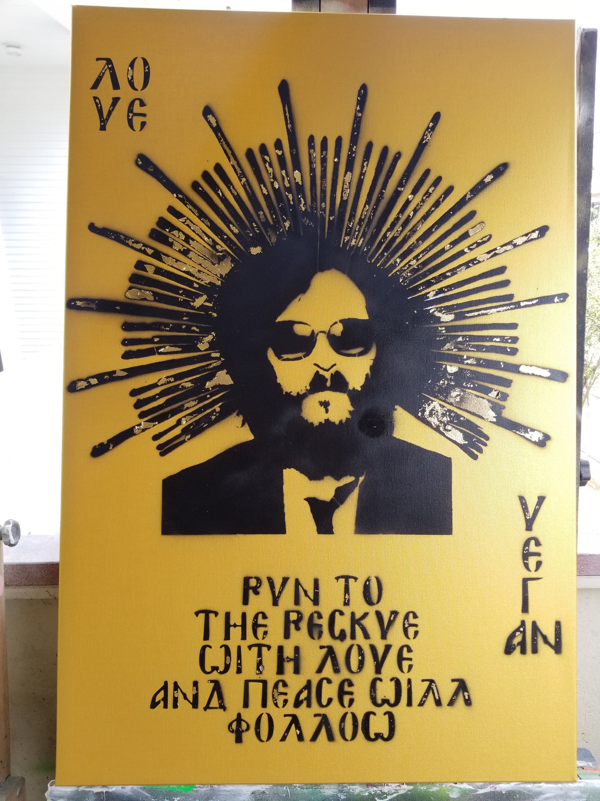 Golden Collection - 24x36 Original Artwork Vegan Love feat Joaquin Phoenix on Metallic Canvas with Golden Halo